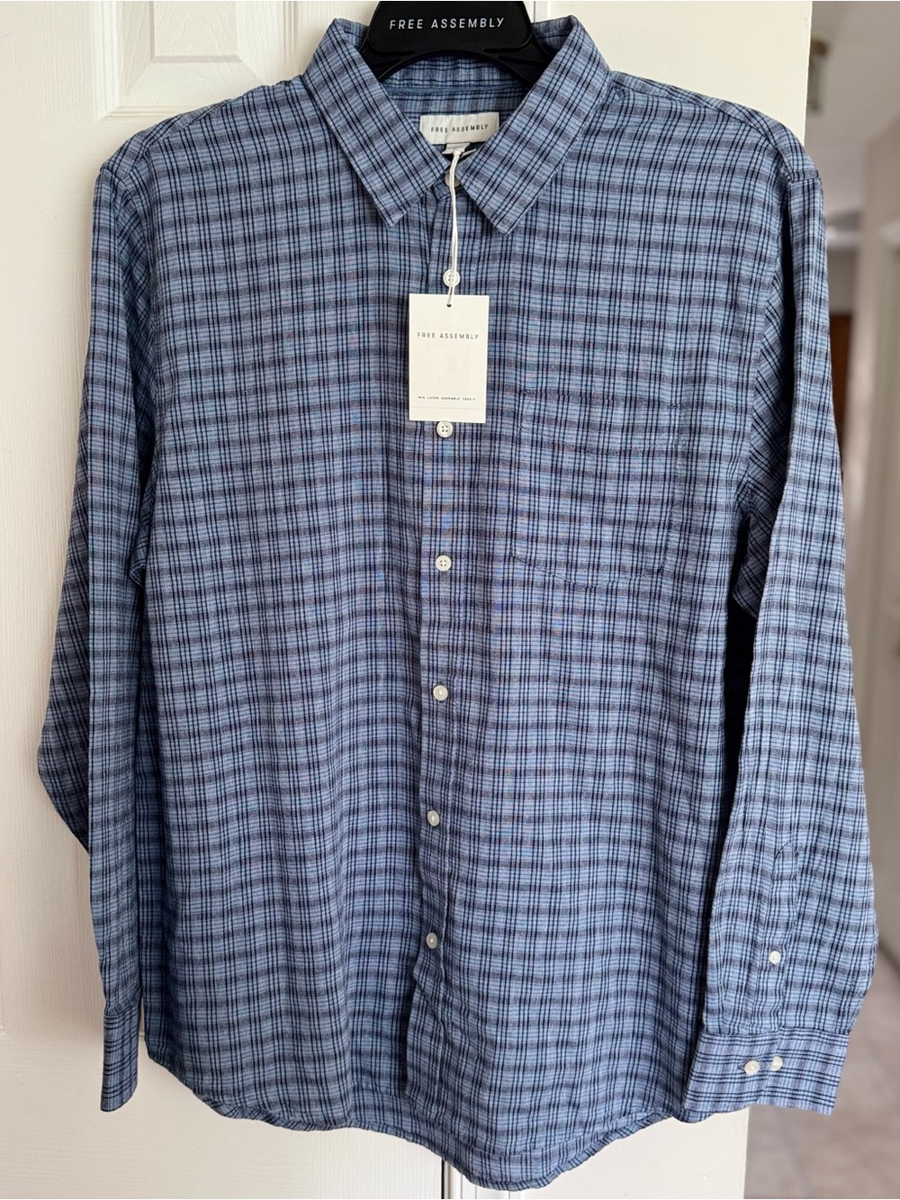 Free Assembly Men’s Linen Blend Plaid Button Down Shirt L Blue Relaxed Fit - Picture 3 of 16